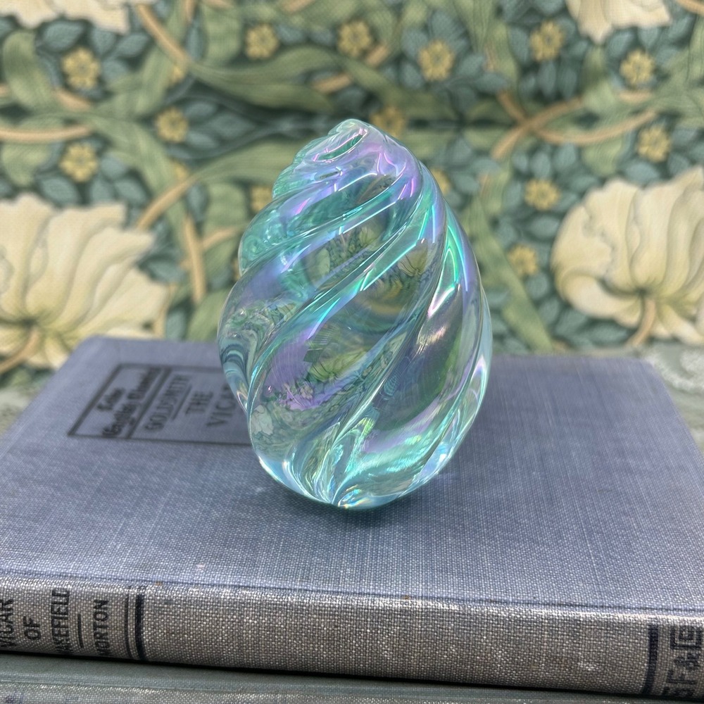 Vintage OBG 1993 Handmade Blue Iridescent Swirl Egg Paperweight Art Glass